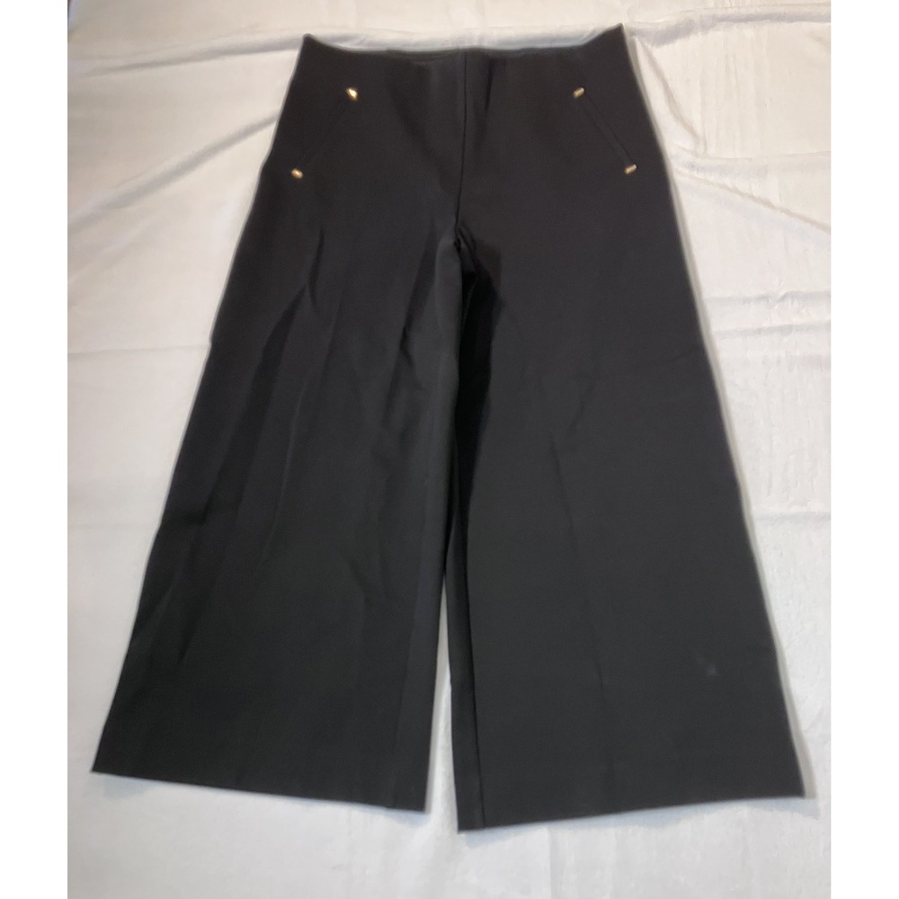 Chico's Juliet Pants Women's 1P 8P Black Ponte Pull On Wide Leg Crop Gold Trim